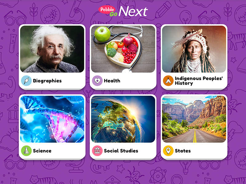 Screenshot of PebbleGo Next homepage showing featured topics listed below