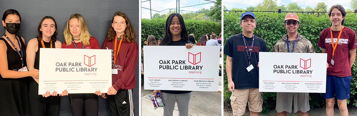 Collage of pictures of teens posing with a giant novelty library card