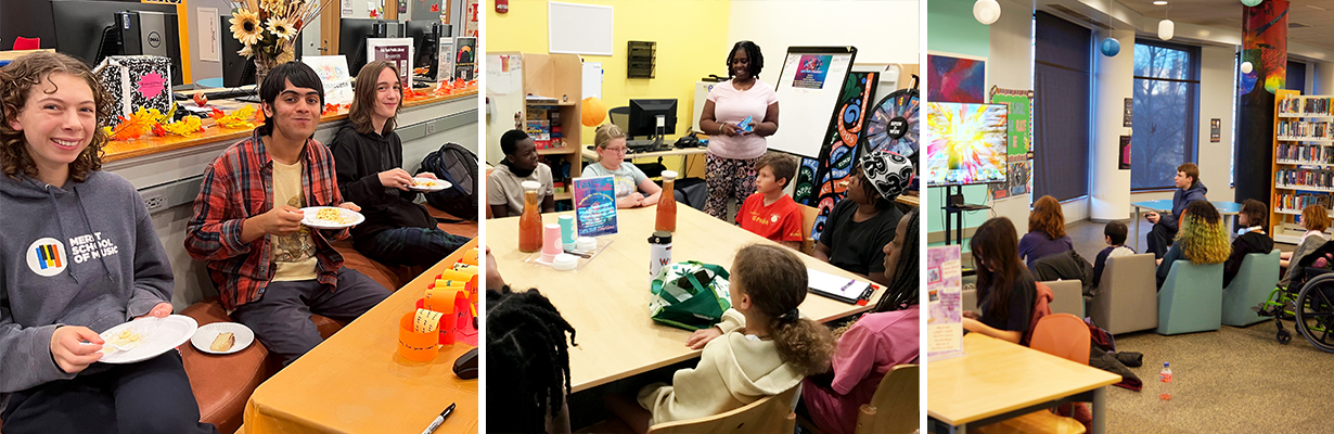 Collage of images from inside the library: teens smiling while eating treats, middle schoolers sitting around a table talking with a library staff member, middle schoolers playing a video game on a big screen TV