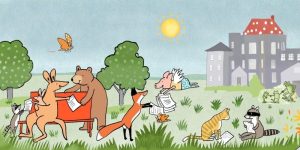 Illustration of animals reading issues of a newsletter in the park.