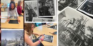 Collage of black and white photographs of Victorian-style houses and a color digital inkjet print showing modern park and sidewalk scenes, and one person drawing over a streetscape image, and another person placing carbon paper on a table