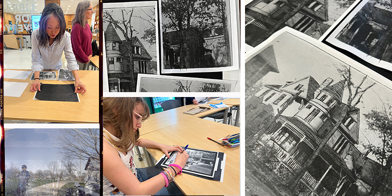 Collage of black and white photographs of Victorian-style houses and a color digital inkjet print showing modern park and sidewalk scenes, and one person drawing over a streetscape image, and another person placing carbon paper on a table