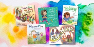 Collage of book covers on a rainbow watercolor background