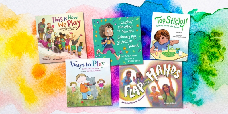 Collage of book covers on a rainbow watercolor background