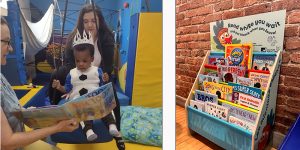 On left, Adult reads a picture book to a child sitting in a swing in a gym for kids; on the right, a bookshelf against a brick wall and next t