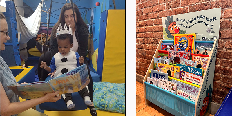 On left, Adult reads a picture book to a child sitting in a swing in a gym for kids; on the right, a bookshelf against a brick wall and next t