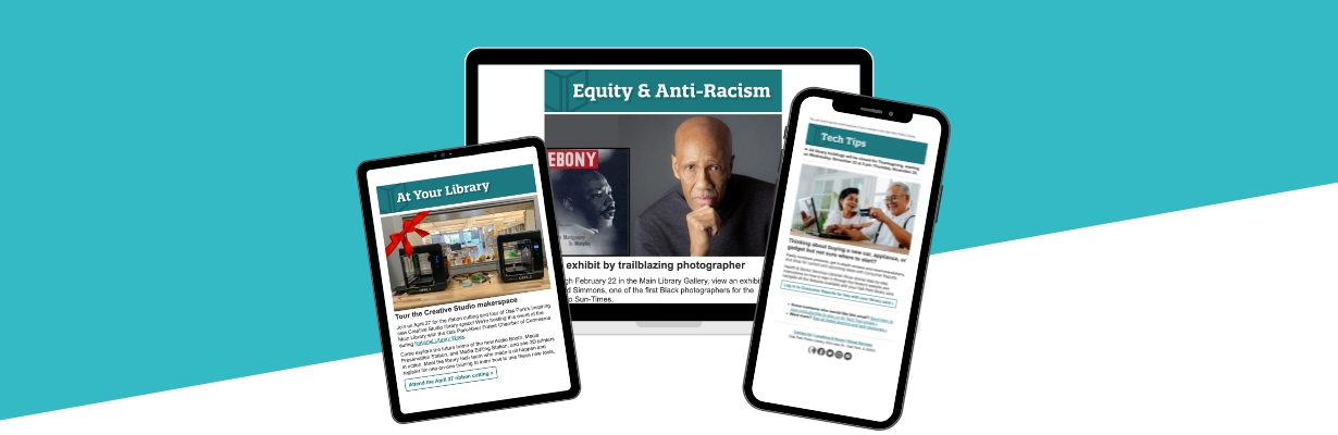 Screenshots of library newsletters displayed on a phone, tablet, and desktop computer