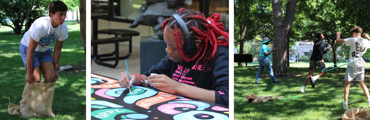 Teen competing in a potato sack race, another teen painting a mural and wearing headphones, and a few more teens using a hula hoop, running, and enjoying being outside in the park