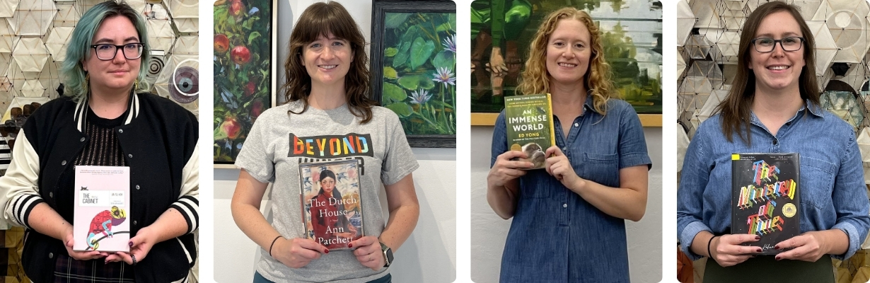 Collage of four people holding up books in the library: The Cabinet by Kim Un-su, The Dutch House by Ann Patchett, An Immense World by Ed Yong, and The Ministry of Time by Kaliane Bradley