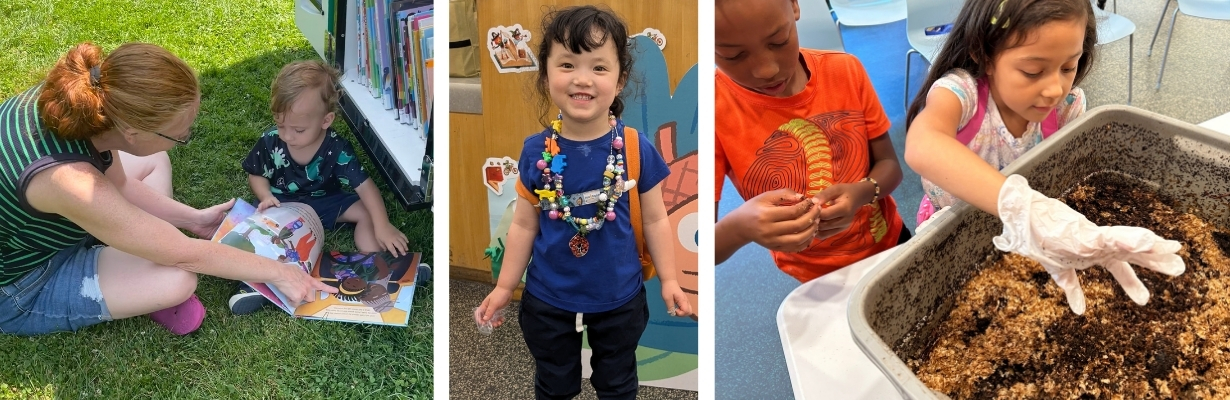 A person reads to a baby in the grass, a child wearing two necklaces full of beads smiles for the camera, and two children stand over a tub of soil, and one wearing a rubber glove reaches in.