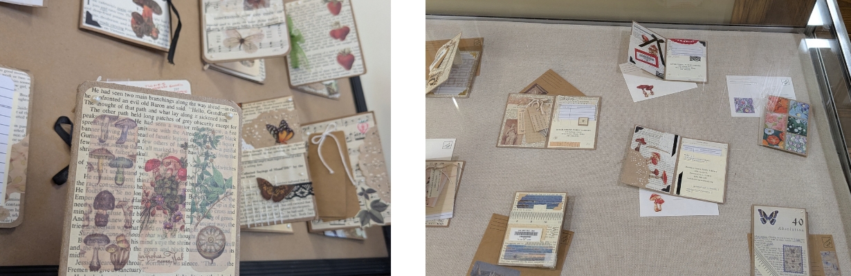 Collaged cards on display