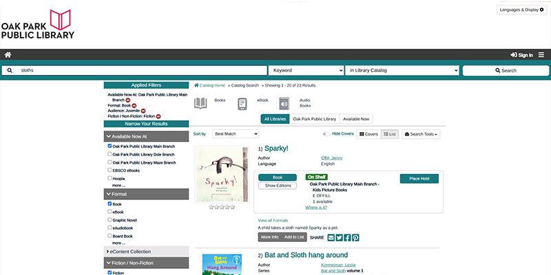 Screenshot of library's catalog featuring search results for books about sloths