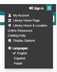 Screenshot of library's catalog showing the dropdown menu for logging in