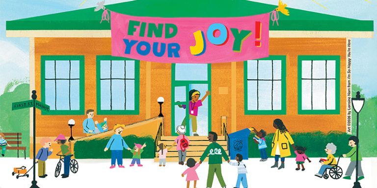 Illustration of people of all ages outside of a library with a banner that says Find Your Joy.