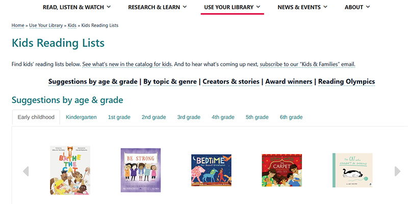 Screenshot of the library's website displaying available kids reading lists by age and grade