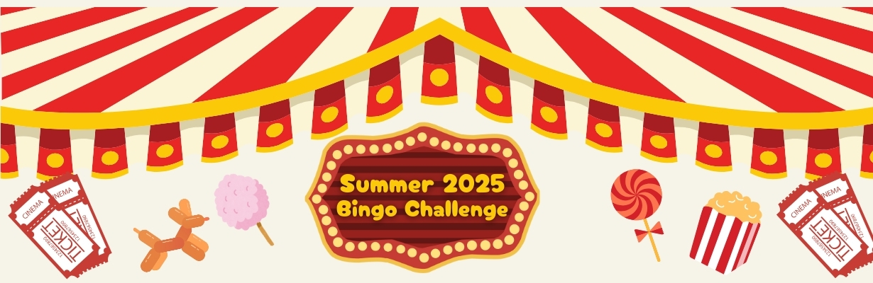 Red and yellow circus tent canopy with graphics of movie tickets, popcorn, lollipops, and a balloon animal in the shape of a dog, and a sign that reads "Summer 2025 Bingo Challenge"