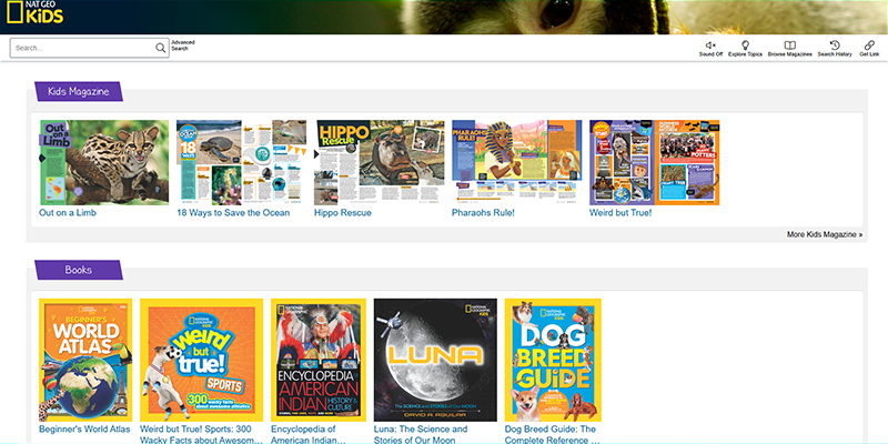 Screenshot of Nat Geo Kids website showing some available magazines and books