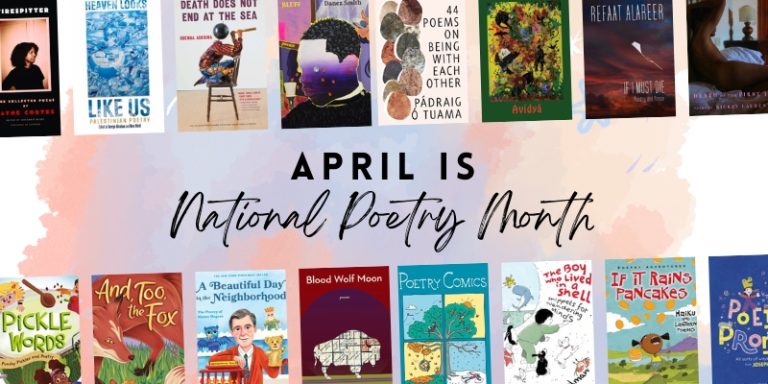 A selection of poetry book covers suggested below with the text April is National Poetry Month.