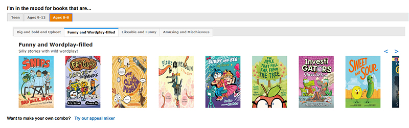 A screenshot of the Novelist website with the results of a search for "I'm in the mood for books that are..." with the selectors: "Ages 0-8" and "Funny and Wordplay-filled" selected