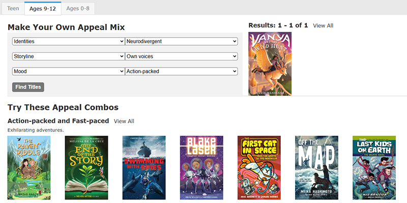 Screenshot of Novelist website with a "Make Your Own Appeal Mix" search applied recommending action-packed and fast-paced titles with neurodivergent identities
