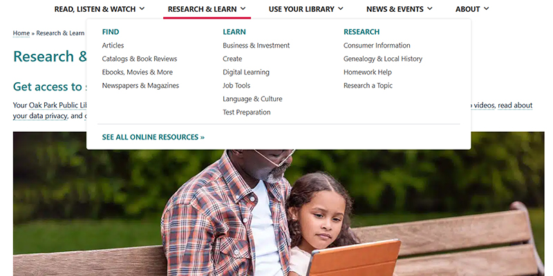 Screenshot of the library's Research & Learn page showing the dropdown menu options