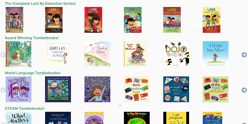 A screenshot of the TumbleBookLibrary page featuring rows of book cover images