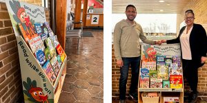 A shelf of books in the lobby of a municipal building, and two Village of Oak Park staff