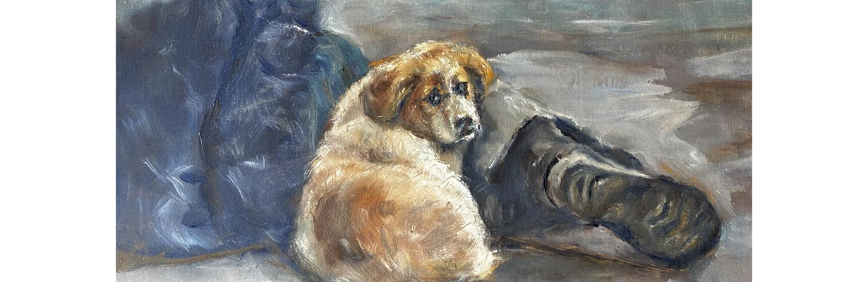 Painting depicting a dog curled up next to what appears to be a person lying on the ground. The dog looks forlornly back at the viewer.