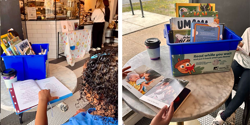Two photos showing children reading books in a cafe