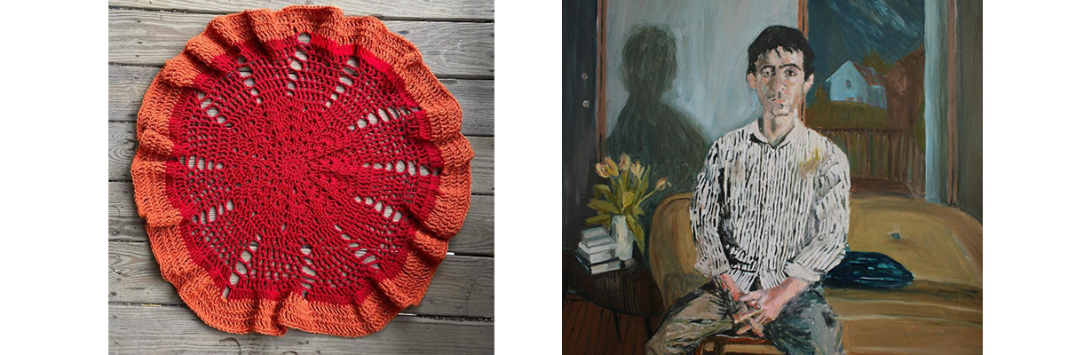 A circular red and orange weaving, and a painting of a young man sitting inside a house, looking at the viewer.