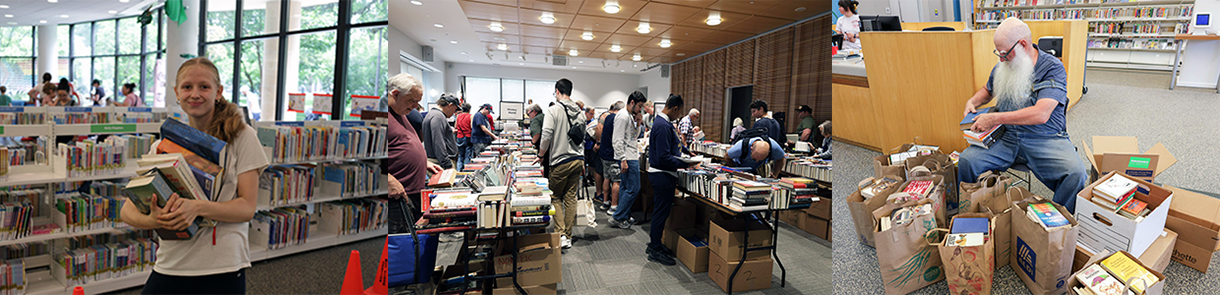 Collage from 2025 Friends Book Fair. Left: girl holding stack of books; middle: shoppers in the Main Library Veterans Room; right: man seated and surrounded by bags and boxes of books.