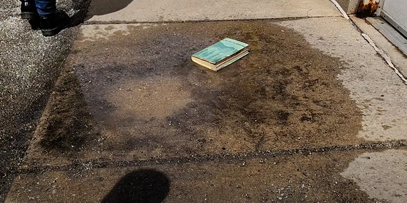 Library book lies in a puddle on the sidewalk.