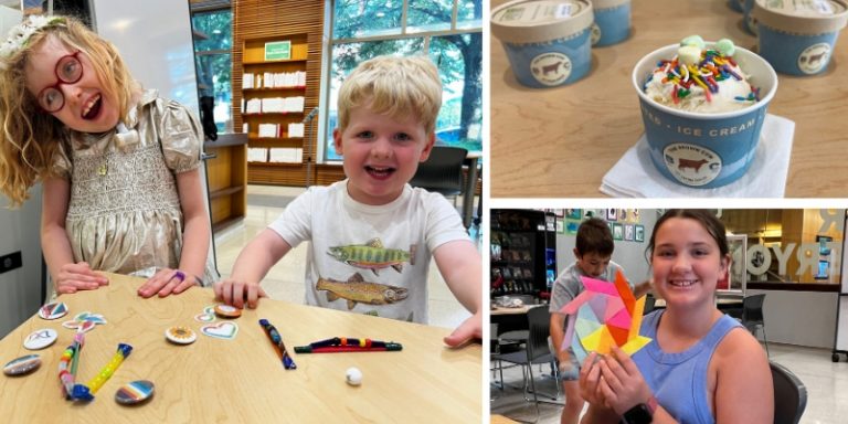 Children making buttons and fidgets and a cup of ice cream.