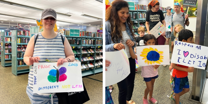 Library patrons hold signs in support of Disability Pride.