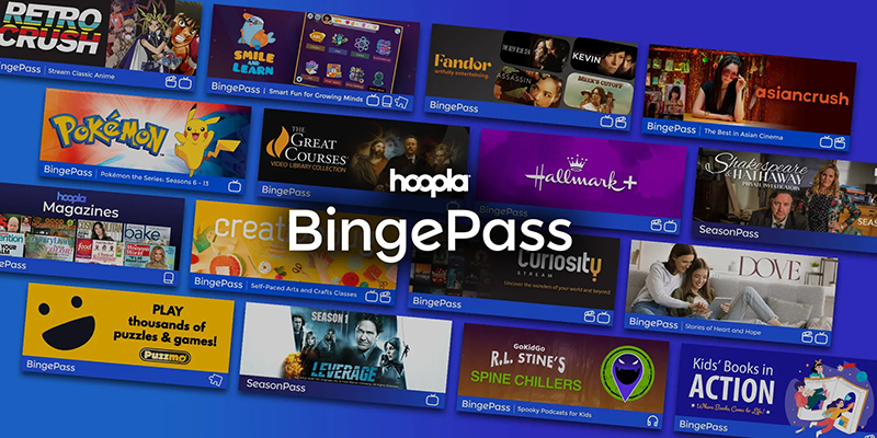 Text reading Hoopla BingePass in front of graphics representing various BingePasses listed below.