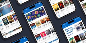 Hoopla app screens displayed on a variety of smartphones