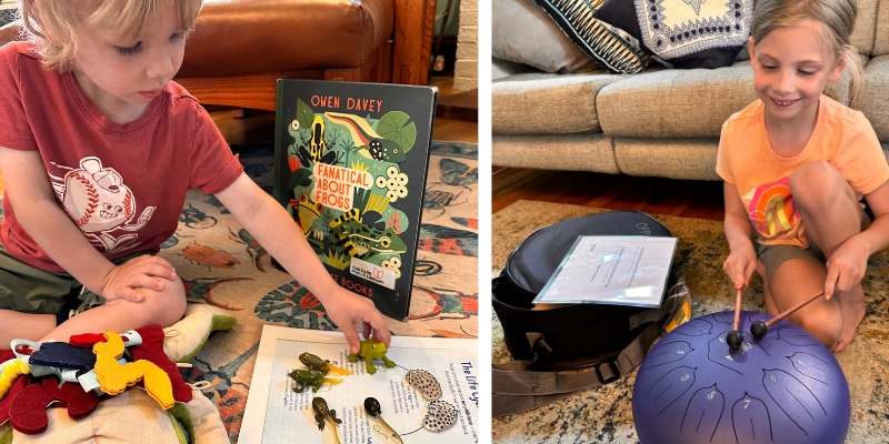 Two kids playing with Discovery Kits on the topics of frogs and drums.