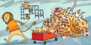 Illustration of animal families enjoying a park: riding in a wagon, jumping in a leaf pile, and playing on a climbing gym.