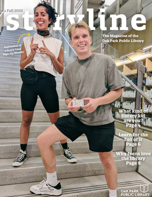 Cover of the Fall 2025 Storyline magazine shows two people smiling and holding library cards.