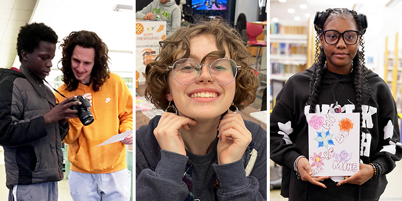 Two young people look at a camera screen together, one shows off earrings, and another holds up a drawing.
