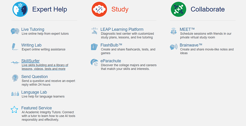 Screenshot of Brainfuse HelpNow options to get expert help, study, and collaborate.