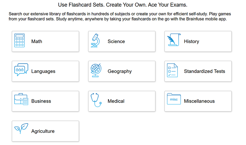 Screenshot of Brainfuse  HelpNow flashcards options where you can browse a collection of flashcards by subject or create your own.