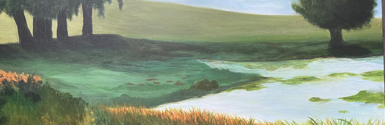 Painting of an outdoor scene with trees and water