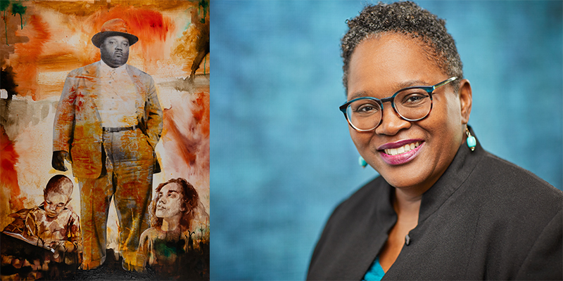 Headshot of Antonia Ruppert. Mixed-media collage painting depicting three family members.