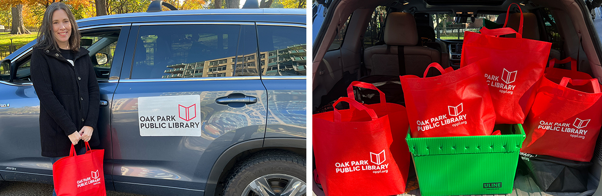 A library employee holds an Oak Park Public Library tote bag outside next to a van or SUV marked with the library's logo. Inside the hatchback trunk are several tote bags and a bin for Home Delivery items.