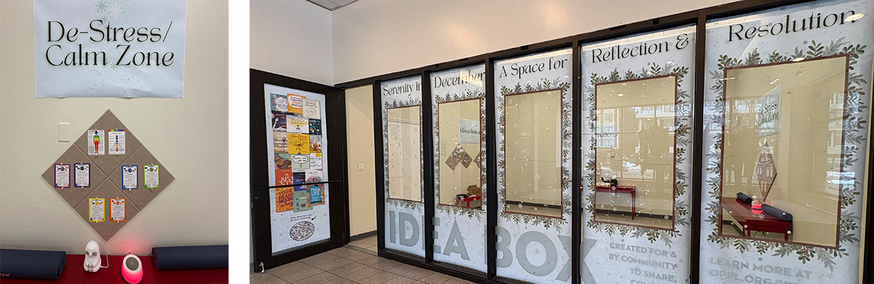 Main Library Idea Box with winter decorations on windows. A sign reading De-stress/Calm Zone with cards explaining chakras.