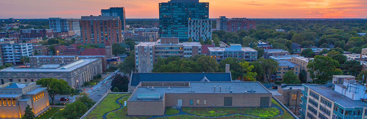 Aerial photo of Oak Park at sunset.