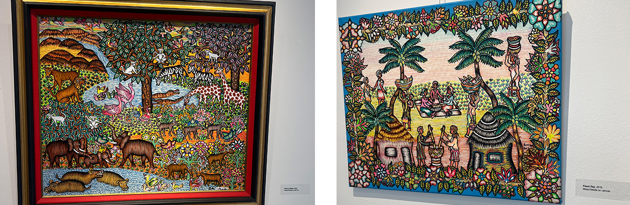 Two paintings depict intricate, colorful scenes of Kenyan villages.