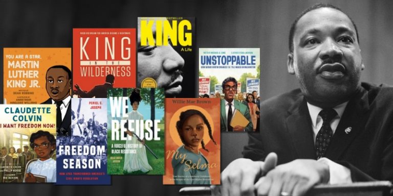 Martin Luther King Jr. leaning on a podium at a press conference, alongside a collage of book covers