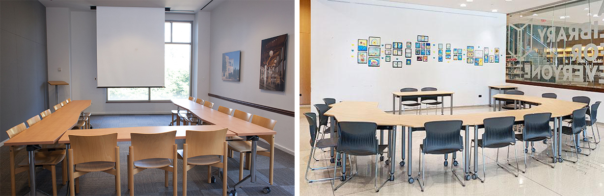 Two meeting spaces, both set up with tables in a u-shape.